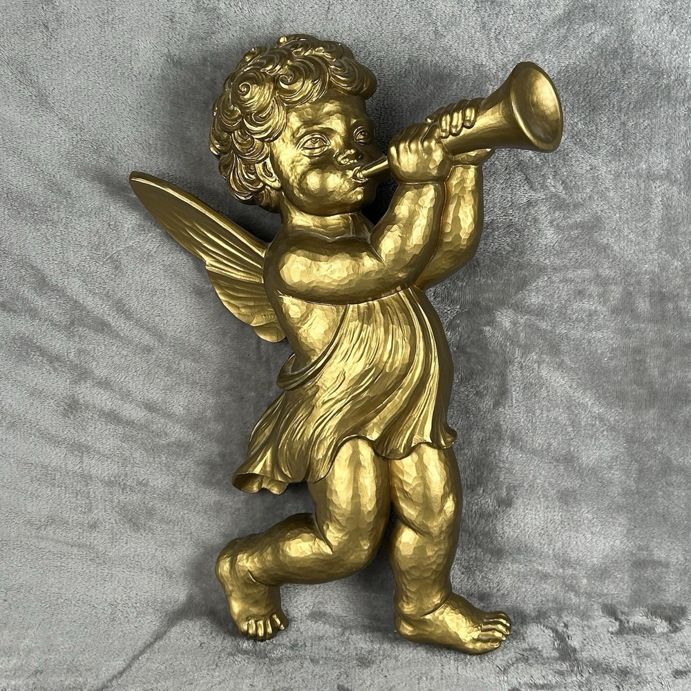 VTG Syroco Hollywood Regency Celestial Gold Tone Heralding Cherub Wall Plaque